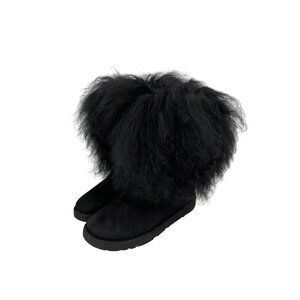 Ugg Womens Black Size 6 Mongolian Sheep Fur Suede Short Boot Apres Ski